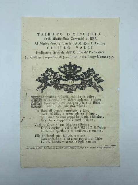 Tributo d'ossequio della illustrissima Comunità di Bra al Merito sempre grande del Rev. P. Lettore Cirillo Valli...dell'Ordine de' Predicatori...